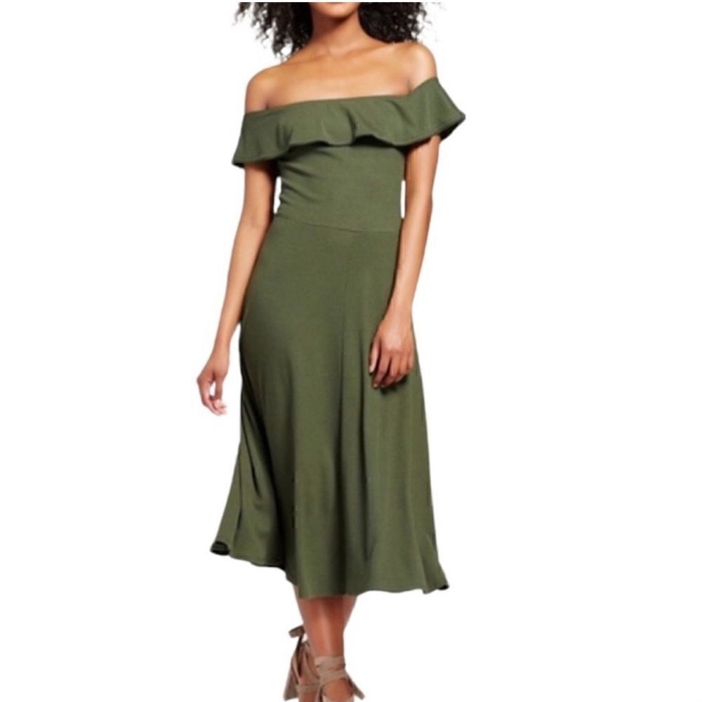 Who What Wear Bardot Off the Shoulder Ribbed Knit Dress in Dark Green | SZ M
